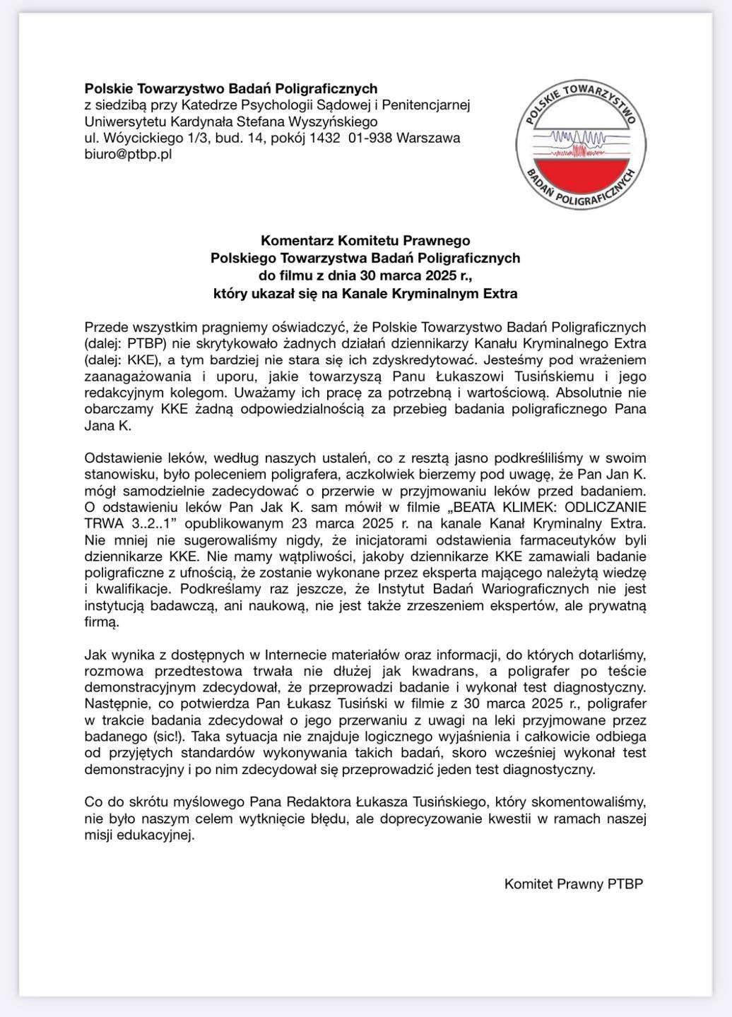 Komentarz Komitetu Prawnego Polskiego Towarzystwa Badań Poligraficznych do filmu z dnia 30 marca 2025 r., który ukazał się na Kanale Kryminalnym Extra