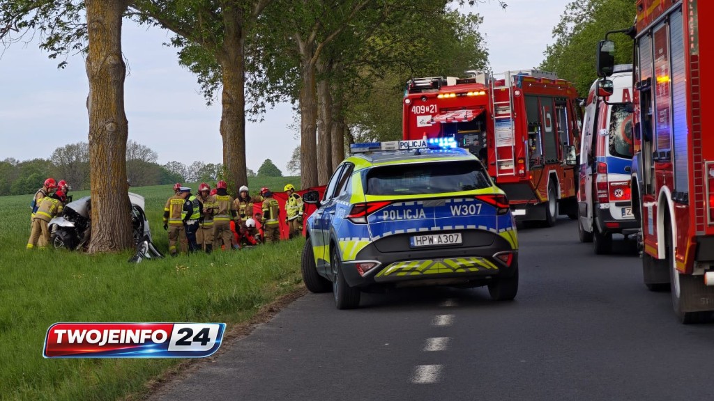 BMW roztrzaskało się na drzewie. Trwa akcja ratunkowa na drodze wojewódzkiej nr 112