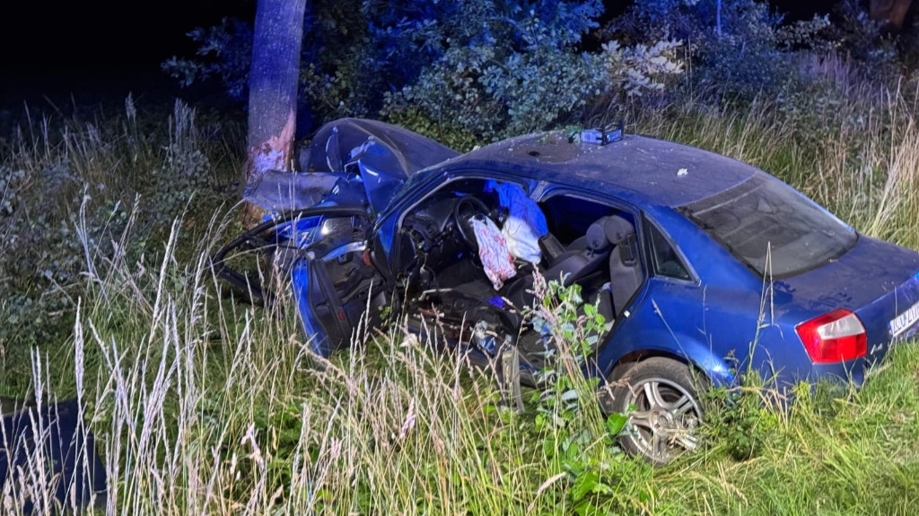 Wypadek w gminie Płoty. Samochód uderzył w drzewo, jedna osoba ranna