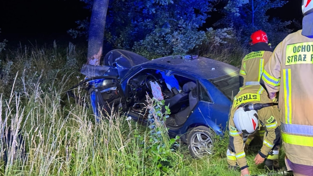 Wypadek w gminie Płoty. Samochód uderzył w drzewo, jedna osoba ranna